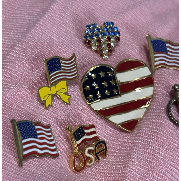 American Flag Lapel Pin Set USA Bling Event Patriotic Red White Blue Heart - Picture 2 of 7